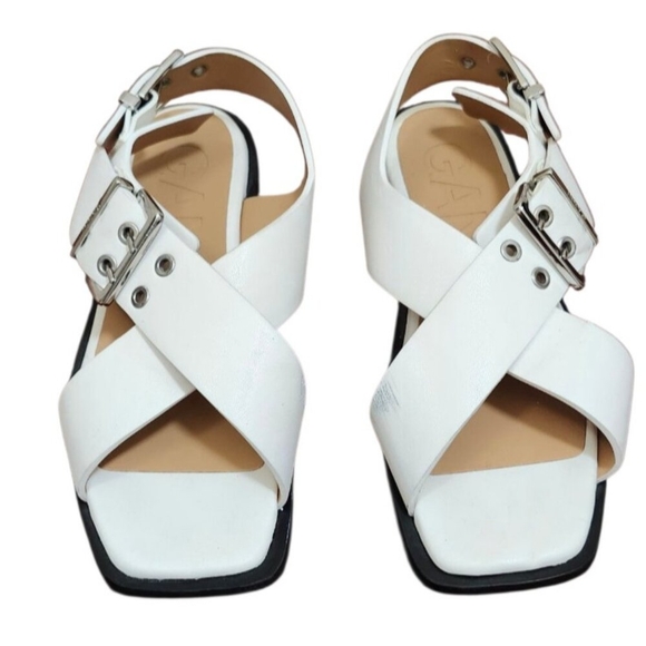 Ganni White Leather Criss Cross Sandals Square Toe Buckle Slingback Sz 40 / 10 - Picture 3 of 15
